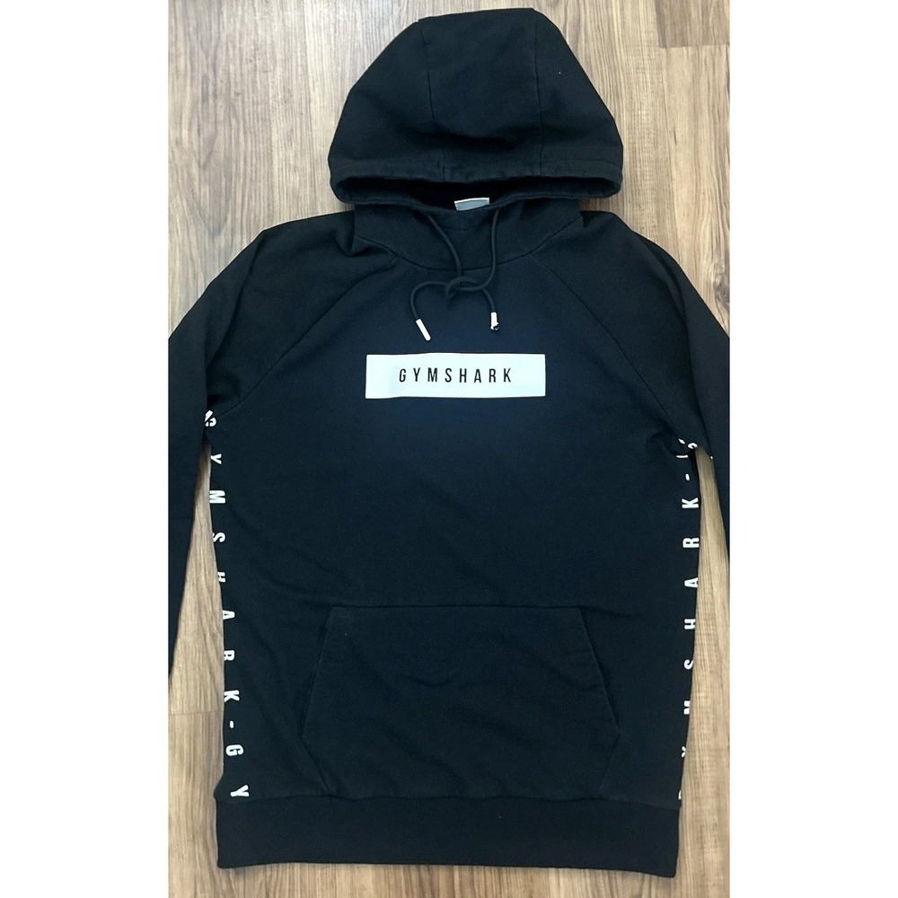 Gymshark Hoodie Mens Medium Black Tape Logo Spellout Sleeves Athletic Gym - Picture 3 of 11